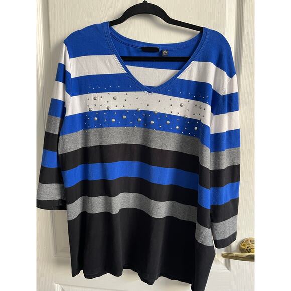 ONQUE Casuals 2X Navy Turquoise Gray Top 3/4 Sleeve Stretch Cotton Spandex Woman - Picture 1 of 4